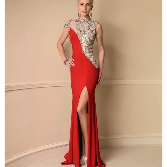 Vienna Prom Red Asymmetrical Neck Dress 10 - Picture 11 of 11